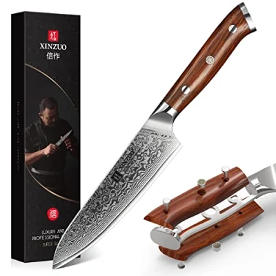 Immagine di XINZUO Acciaio Damasco 13.3cm Coltello Multiuso, Universale Professionale Coltelli per Sbucciare Multifunzione Frutta e Verdura con Manico in Legno di Rosa Yu Serie
