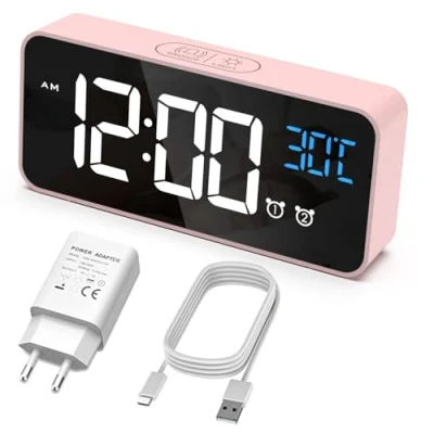 Immagine di HERMIC Sveglia Digitale, da Comodino con Temperatura, Orologio Digitale 2 Allarme, Snooze, 4 Livelli di Luminosità, Controllo Vocale, USB Ricaricare, Sistema 12/24 Ore (Rosa)