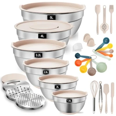 Immagine di YlYADl Set da Ciotola Acciaio Inossidabile 31 Pezzi,6 Ciotole in con Coperchi,Insalatiera Inossidabile,Ciotole Cucina,Set Coperchio Impilabili
