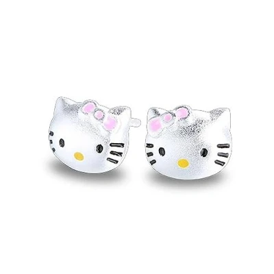 Immagine di Kaguyo Orecchini in Argento da Donna a Bottone Sterling 925 con Simpatico Gattino e Zirconi per Donne, Ragazze Bambini Regalo di Compleanno (Kitty C)