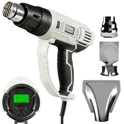 Immagine di Garage Freaks pistola ad aria calda elettrica con indicatore LCD, cavo da 5 metri, 2000 Watt Temperatura della termica e flusso d&#039;aria regolabili 60 a 600 C, incl. 3 ugelli di fissaggio