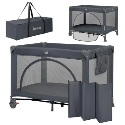 Immagine di lionelo LAURA Lettino da viaggio 2 in 1 fino a 15 kg Box per bambini 0 36 mesi Entrata laterale Materassino schiuma T25, Livelli di Altezza, Borsa Viaggio, Ruote con Freno