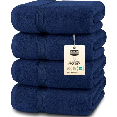 Immagine di Utopia Towels 4 Set Asciugamani da Bagno (69 x 137 cm) in Cotone per Hotel e Spa, Massima Morbidezza assorbenza (Blu Marino)