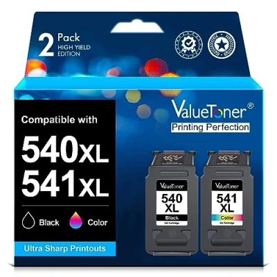 Immagine di ValueToner PG 540XL CL 541XL Rigenerato Cartucce d&#039;inchiostro Sostituzione per Canon 540 541 XL Pixma TS5150 MG3650 MG3600 MX475 MX535 MG3500 (Nero Tri Colore, 2 Pack)