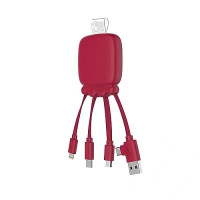 Immagine di Xoopar Cavo USB Multi Connettore Caricatore Universale Hub 4 in 1 C,USB,Lightning,Micro e Batteria Esterna da 3000 mAH Plastica Riciclata Gamma Rosso