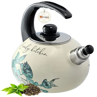 Immagine di KADAX Bollitore da Fornello in Acciaio Smaltato con Manico Resistente al Calore, a Fischio per Fornelli Induzione e Gas (2.2 L, Fiori Verdi)