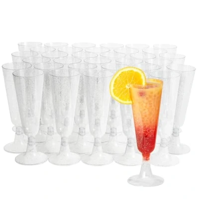 Immagine di Matana 24 Eleganti Flûtes da Champagne in Plastica con Glitter Argento, 150ml Trasparenti, Resistenti e Riutilizzabili Bicchieri Brindisi per Matrimoni, Compleanni, Natale Feste