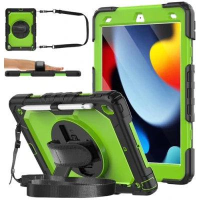 Immagine di DAORANGE Custodia per iPad 9a / 8a 7a Generazione (iPad 10,2 Pollici 2021/2020/ 2019), Antiurto con Pellicola Protettiva, Supporto Girevole a 360, Cinturino Mano e Tracolla (Verde)