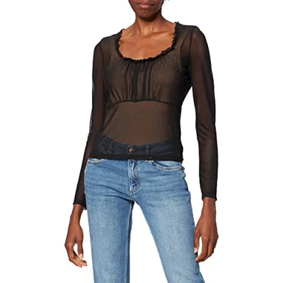 Immagine di NA KD Top in Rete con Dettaglio Volant Camicia, Nero, XL Donna