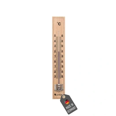 Immagine di Lantelme Termometro analogico in legno, per interni ed esterni, prodotto Germania, resistente alle intemperie, lunghezza 17 cm, colore beige, visualizzazione precisa della temperatura da 30 a + 50