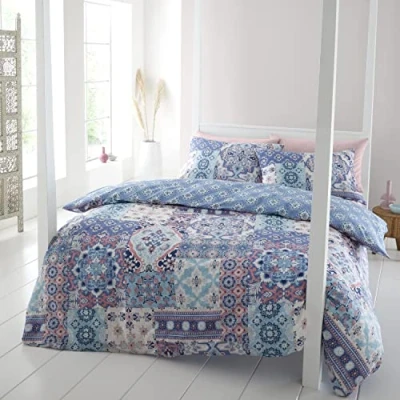 Immagine di Catherine Lansfield Bedding Set copripiumino con federe per letto king size, motivo boho, patchwork,