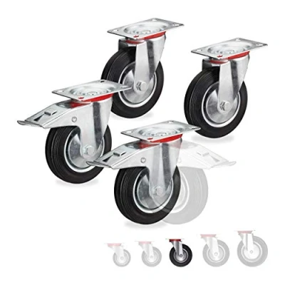 Immagine di relaxdays Ruote Girevoli, Set da 4 Rotelle Piroettanti a 360 con Cuscinetti Sfera, 2 Freni, Resistenti, D:125mm, Nere