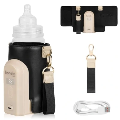 Immagine di LIONELO Thermup Go Evo Scaldalatte Portatile per biberon Neonati, Mantiene Liquidi caldi, 5 Temperature operative da 38 a 50C Ricarica USB C, Fino 9 Ore di Funzionamento (Oro Nero, EVO)