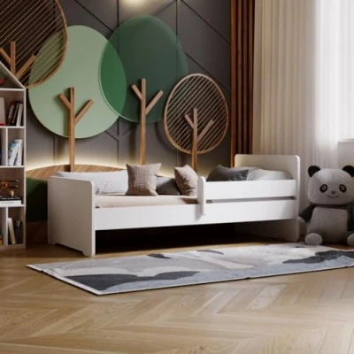Immagine di KOBI Letto per Bambini Max Bianco con ringhiera, Materasso, Struttura 160x80 Una Ragazza e Un Ragazzo Set cameretta