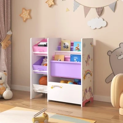 Immagine di [en.casa] Scaffale per Cameretta con Contenitori Morbidi a Scaletta e 3 Cassetti Pieghevoli Porta Giochi Mobile Misura di Bimbi Decorazione Unicorno Viola/Rosa