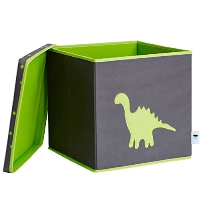 Immagine di LOVE IT STORE Cubo Portaoggetti Con Coperchio Tessuto Resistente Pieghevole Rinforzi in Legno Kallax Contenitori 33x33x33cm Grigio Fantasia A Dino Verde