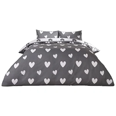Immagine di Dreamscene Set di biancheria da letto con copripiumino reversibile e federa, motivo a cuori, colore: antracite, per singolo