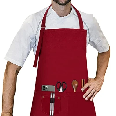 Immagine di LessMo Barbecue Grembiule, Grembiule da Cucina 100% Cotone con Laccio Regolabile e Due Tasche, qualità Professionale, 70 x 85cm, Profondo Rosso