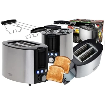 Immagine di CAMRY CR 3215 Tostapane in acciaio INOX, 2 fette da 850 W, con funzioni: riscaldamento, scongelamento, livelli di doratura regolabili, vassoio raccogli briciole estraibile