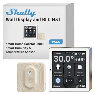 Immagine di Shelly Wall Display Bianco + Blu H&amp;T Avorio (Bundle),Starter Pack Smart Control e monitoraggio ambientale,WLAN Bluetooth,Termostato,Relè 5 A integrato,Conduttore neutro