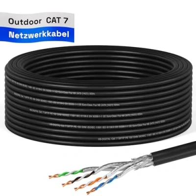 Immagine di hb digital 15m CAT 7 cavo di installazione Ethernet 1000 MHz 10 Gbit per esterni nero AWG23/1 PE S/FTP doppia schermatura PIMF rame puro dati grezzo/interrato uso esterno