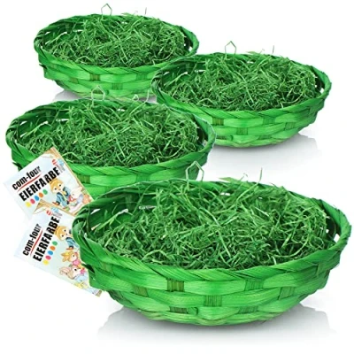 Immagine di com four® 4X cesti pasquali con Erba Decorativa e Uova Colorate Verdi Verde Cesto in Rafia Pasquale Colorata (Impostare 4 Verde)