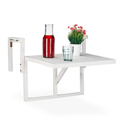 Immagine di Relaxdays Tavolino Pieghevole per Balcone, da Appendere, Regolabile in Altezza, Salvaspazio, HLP: 55x70x65 cm, Bianco, 90% Legno 10% Acciaio