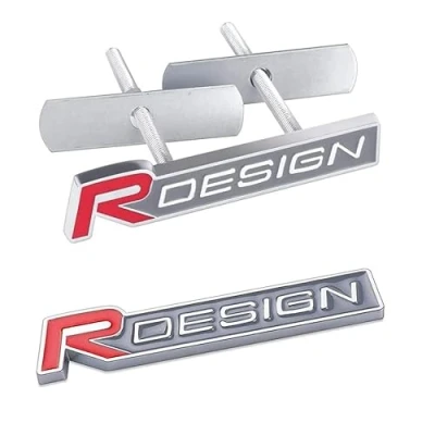 Immagine di 2 pezzi 3D metallo R Design Auto Emblema + piastra anteriore del radiatore Badge Sticker Styling per Volvo S60 V60 XC60 V40 (rosso)