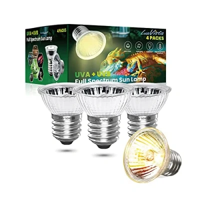 Immagine di Luxvista E27 Lampadina di Riscaldamento per Rettili, UVA UVB Lampada Alogena 50W Solare Spettro Completo Presa il Sole, Tartaruga Ragno Serpente, 4 Pezzi