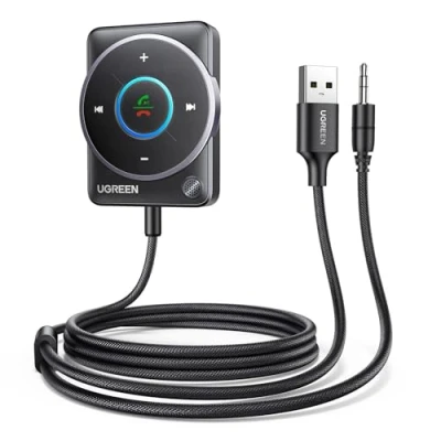 Immagine di UGREEN Ricevitore Bluetooth 5.4 Adattatore per Auto con Jack AUX da 3,5 mm Pulsante Multifunzione Audio Wireless Chiamate in Vivavoce Doppia Connessione Luce RGB Compatibilità Autoradio