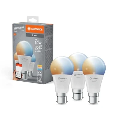 Immagine di LEDVANCE Lampada LED intelligente con tecnologia WiFi, B22d base ottica opaca ,Colore della luce modificabile (2700K 6500K), 806 Lumen, sostituzione delle lampade 60W, , 3 Confezione