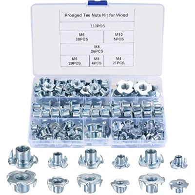 Immagine di 110 Pezzi Kit Dadi a T, Guida M4 M5 M6 M8 M10, Dado Quattro Punte Guida, Inserti Acciaio Carbonio per Mobili, Artigiani, Legno