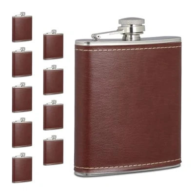 Immagine di Relaxdays Set da 10 Fiaschette Tascabili, 200 ml Borraccia in Acciaio Inox con Coperchio Finta Pelle, Marrone Argento, 12.5 x 9.5 2.5 cm