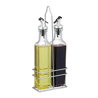 Immagine di Relaxdays Olio e Aceto, 2 Bottigliette da 300 ml per la Tavola Cucina, Beccuccio Salvagioccia, Trasparente, Vetro, Metallo, plastica, Set 1 pz