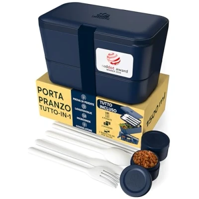 Immagine di Umami Bento Box portapranzo tutto in uno, per adulti, contenitori la preparazione dei pasti uomo/donna (1500 ml, Blu Notte)