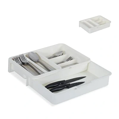 Immagine di Relaxdays Portaposate da Cassetto, Regolabile, 7 Scomparti, Posate &amp; Accessori Cucina, Plastica, 6x23,5x31,5 cm, bianco