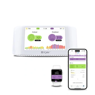 Immagine di misuratore di qualità dell&#039;aria IQAir [PM2,5 polveri sottili, CO2 con semaforo CO2, AQI, temperatura e umidità], Smart Air Quality Monitor [Wi Fi, WLAN, App]