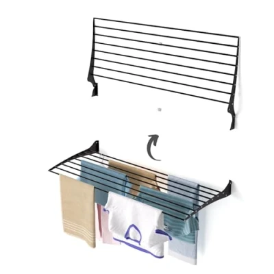 Immagine di foxydry Fold, Stendino da parete, stendibiancheria muro nero richiudibile e rebaltabile interno o esterno in Alluminio Acciaio 116x50x57 cm (120 cm)