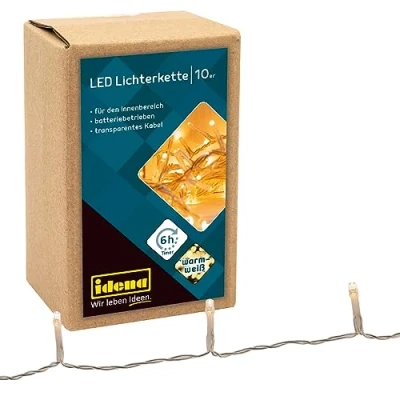 Immagine di Idena 8582065 Catena luminosa a LED con 10 in bianco caldo, funzione timer 6 ore, batteria, lunghezza circa 1 m, per uso interno, come decorazione feste, Natale, matrimonio