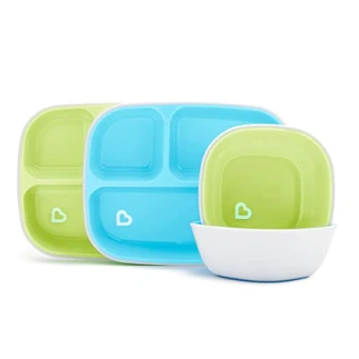 Immagine di Munchkin Splash Set Pappa da 4 Pezzi per Neonati e Bambini a Partire dai 6 Mesi, Tavola con 2 Piatti Ciotole lo Svezzamento, Senza BPA Colori: Blu/Verde