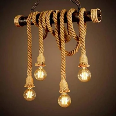 Immagine di Lampada A Sospensione Corda Vintage Da Soffitto Canapa Industriale Retrò Lampadario Soppalco Salotto Rustico Sala Pranzo Balcone Cafe Illuminazione (4*E27)