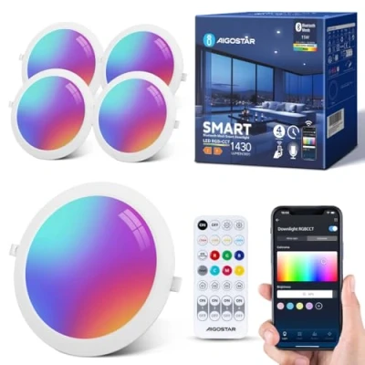 Immagine di Aigostar Faretti LED da Incasso per Cartongesso 15W, Intelligente Faretto Interno Bluetooth Mesh Compatibili con Alexa, Dimmerabile RGB e Bianco Caldo a 2700K 6500K, Ф150 160mm, 4 unità