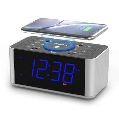 Immagine di iTOMA Radiosveglia con ricarica wireless da 5 W, snooze, Bluetooth, doppia sveglia, display LED 1,4&#039;&#039;, dimmer, orologio USB per comodino 206