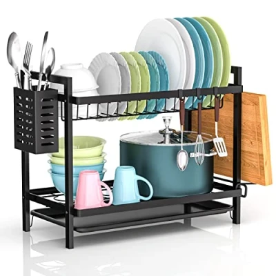 Immagine di Scolapiatti da Lavello Appoggio In Acciaio Inossidabile Rastrelliera Asciuga Posate Scola Piatti Cucina per Bancone 43x31x14cm Nessun Assemblaggio (Due Livelli)