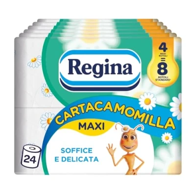 Immagine di Regina Cartacamomilla 24 Rotoli di Carta Igienica, 300 Soffici Fogli a 3 Veli, Delicata e Consistente, Profumo Camomilla, Confezione in Riciclabile
