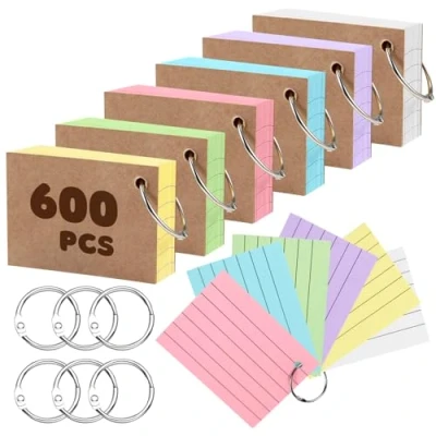 Immagine di EOPUOZS 600 pezzi Flashcard, Schede Indice A8 a Righe con Anello, Colori Intensi, di Qualità Premium per Appunti Ufficio, Scuola, Casa Studio