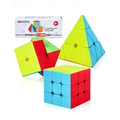 Immagine di ROXENDA Speed Cube Set, [3 Pezzi] Stickerless Pack con Cubo di Velocità 2x2 3x3 Piramide, Durevole e Colori Vividi Tornitura Facile Giocare Liscio (Stickerless)
