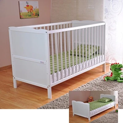 Immagine di Marsell Lettino per bambini con materasso in schiuma rivestimento aloe vera e sbarre protettive, regolabile altezza, trasformabile una culla, di colore bianco
