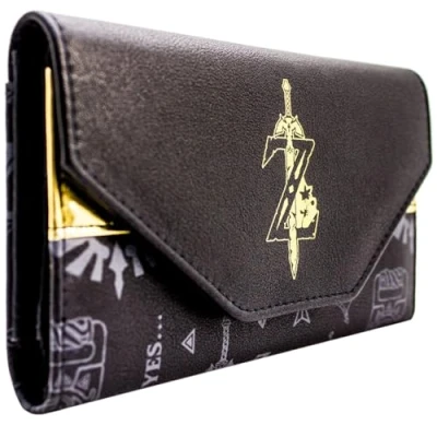 Immagine di Hyrule Zelda Breath of the Wild Wake Up Link Emblema della Spada Dorata Borsa/Portamonete Tri Fold Porta Monete, ID &amp; Carte, Nero
