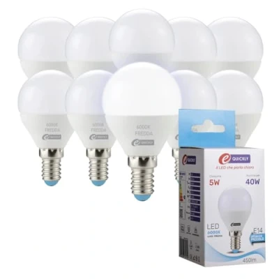 Immagine di e QUICKLY Lampadine LED E14 Luce fredda attacco piccolo E14, 5W (Equivalenti a 40W), 450 Lumen, bianca 6000K, Massima efficienza Risparmio Energetico, forma P45 sfera Pacco da 10 PZ